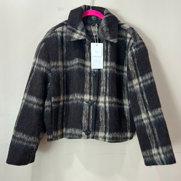 NWT Zara Plaid Jacket Wool Blend Cropped Black White Brown Shacket Women S 6318 - Picture 5 of 13